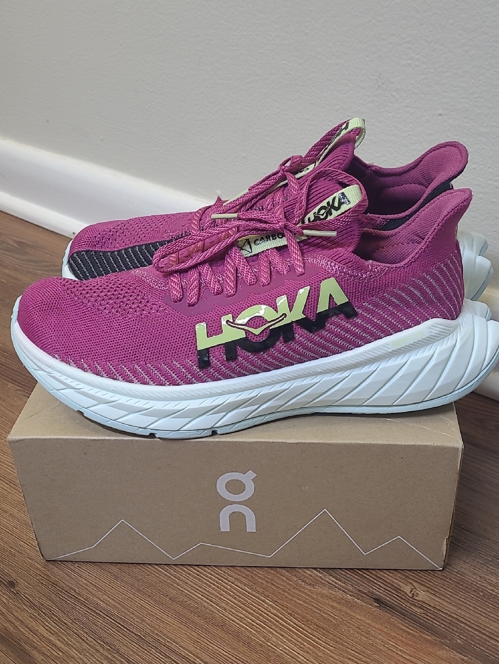 Hoka Women's Magenta/Neon Yellow Running Shoes 9B used good.